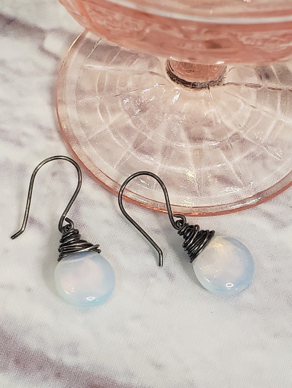 VINTAGE-Style Gunmetal Wire Wrapped Opalite Dangle Earrings